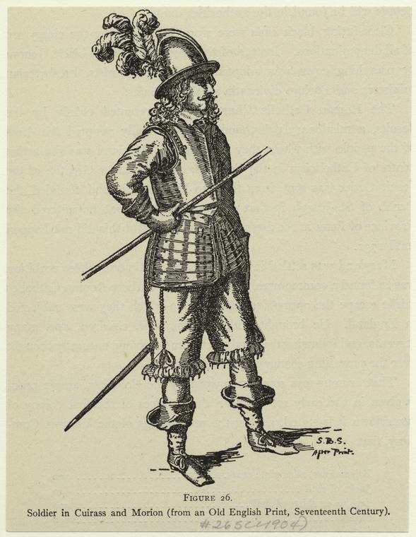 Soldiers in cuirass and morion (from an old English print, seventeenth century).