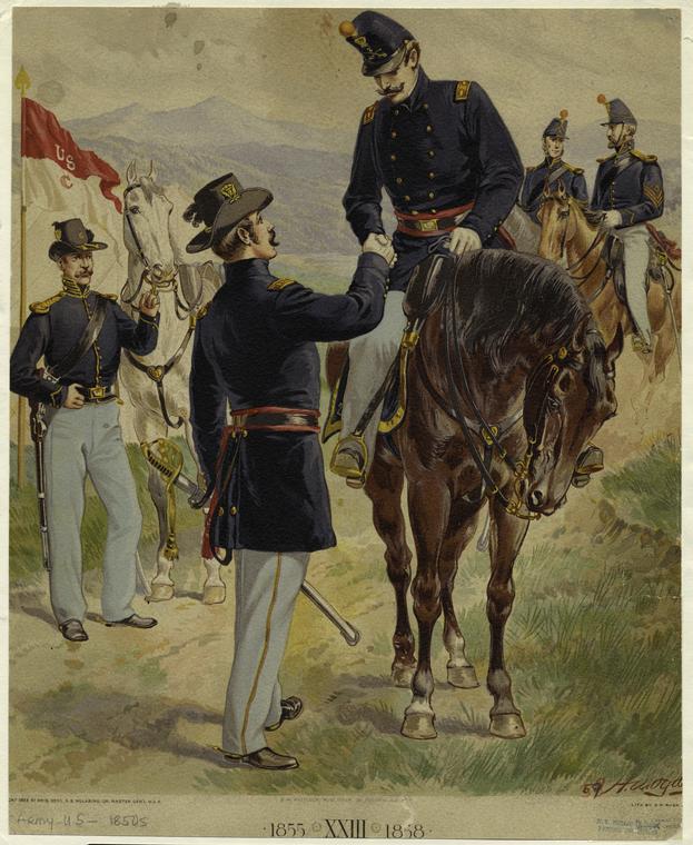 [United States soldiers shaking hands, 1850s.]