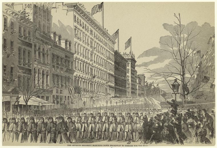 The Seventh Regiment marching down Broadway to embark for the war.