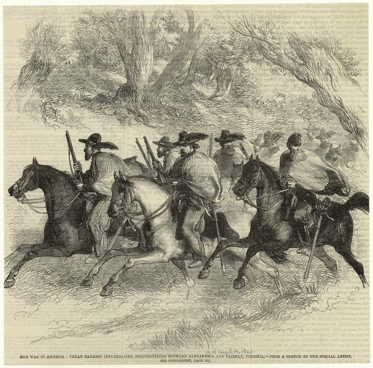 The war in America : Texan rangers (Federalists) reconnoitring [sic] between Alexandria and Fairfax, Virginia.