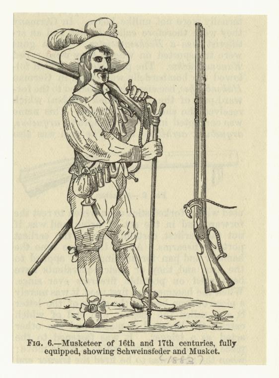 Musketeer of 16th and 17th centuries, fully equipped, showing 