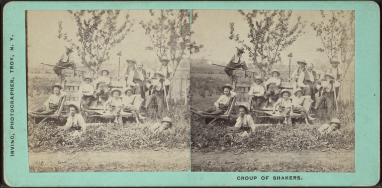 Stereoview of Brother Nehemiah White (on right, without hat) and Shaker boys at the Watervliet, NY Shaker Village, circa 1870.