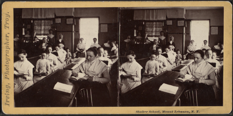 Stereoview of the Shaker School in the Church Family at Mt. Lebanon Shaker Village