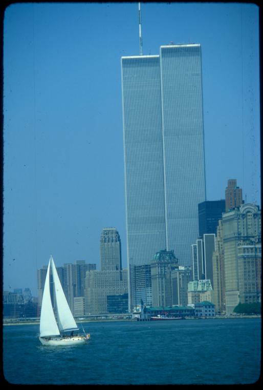 View of World Trade Center [Twin Towers] and downtown Manhattan from