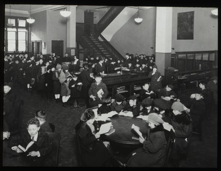 96th Street, Children's room, children reading, others waiting to get in, Digital ID 100830, New York Public Library