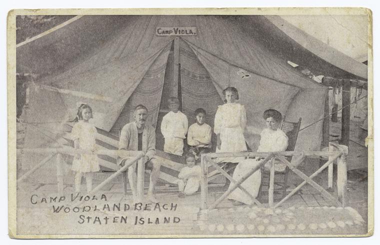 Camp Viola Woodland Beach Staten Island  [man, woman, children in front of tent]., Digital ID 104459, New York Public Library