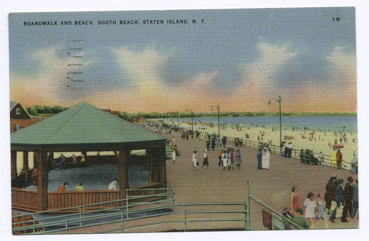 Boardwalk and Beach, South Beach, Staten Island, N.Y. [people; boardwalk and bandstand.], Digital ID 104515, New York Public Library