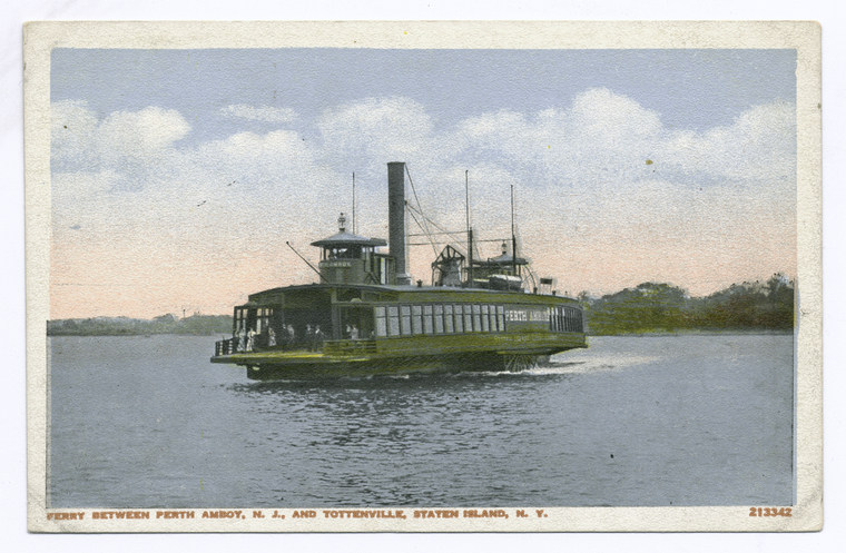 Ferry between Perth Amboy, N.J., and Tottenville, Staten Island, N.Y. [old green ferry on water], Digital ID 104698, New York Public Library