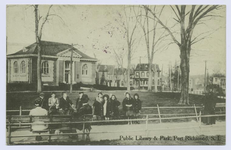 Public Library & Park, Port Richmond, Staten Island  [people sitting on park benches in front of library], Digital ID 104865, New York Public Library