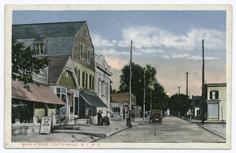 Main Street, Tottenville, Staten Island,  N.Y.  [close view of shops and ad sign for Horton'sIce Cream, people in front of store under awning, old car in street], Digital ID 105085, New York Public Library