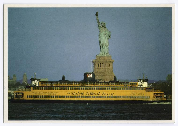 Statue of Liberty with Staten Island Ferry in foreground, Digital ID 105188, New York Public Library