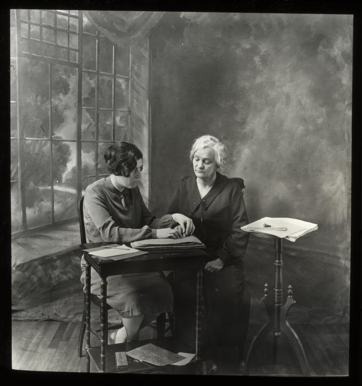 Library for the Blind, "Home lesson in touch reading being given by a Blind Teacher," 1926 [actually taken in studio]., Digital ID 106140, New York Public Library