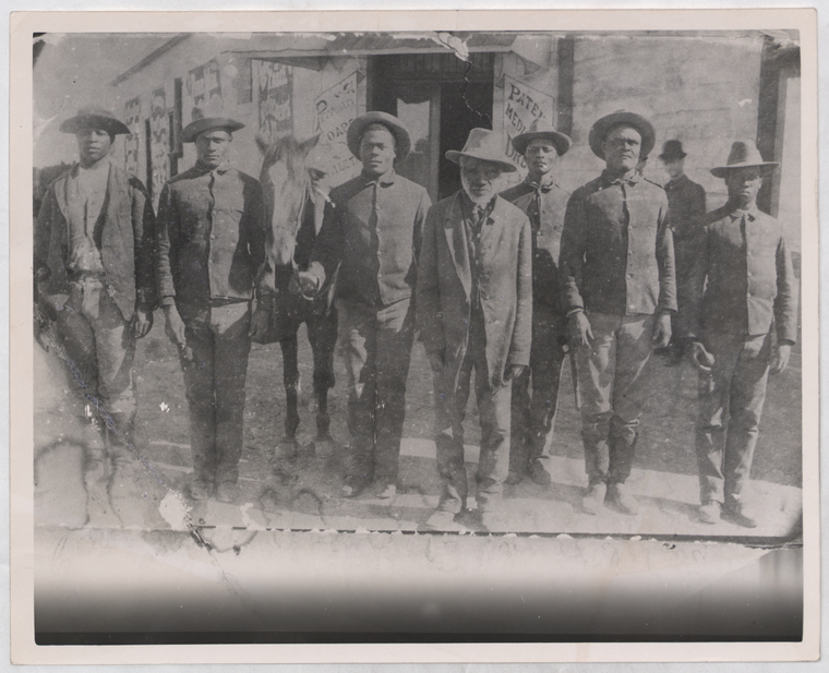  Plenty Payne, Billy July, Ben July, Dembo Factor (civilian clothes), Ben Wilson (back row), John July, William Shields; John Jefferson, Informant, January 1889., Digital ID 1103288, New York Public Library