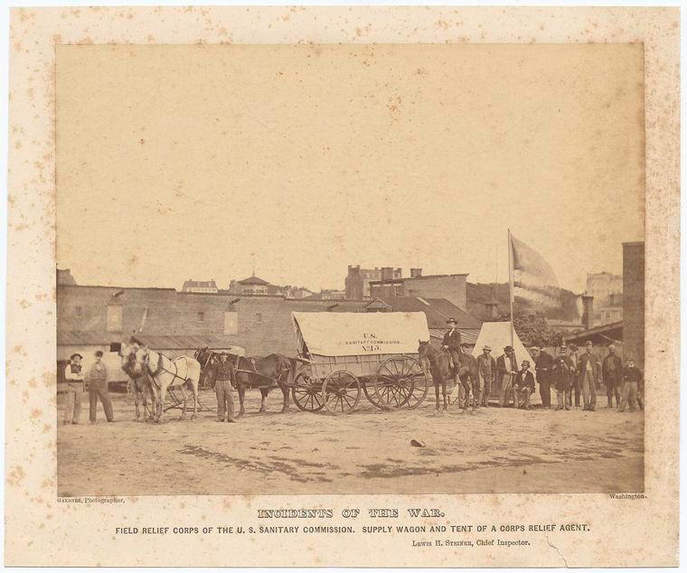 Field relief corps of the U.S. Sanitary Commission. Supply wagon and tent of a corps relief agent. Lewis H. Steiner, Chief inspector. ,Incidents of the war., Digital ID 1150093, New York Public Library