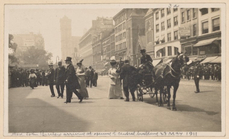 John Bigelow, President of the Library (in top hat), arriving at the opening day ceremony, May 23, 1911