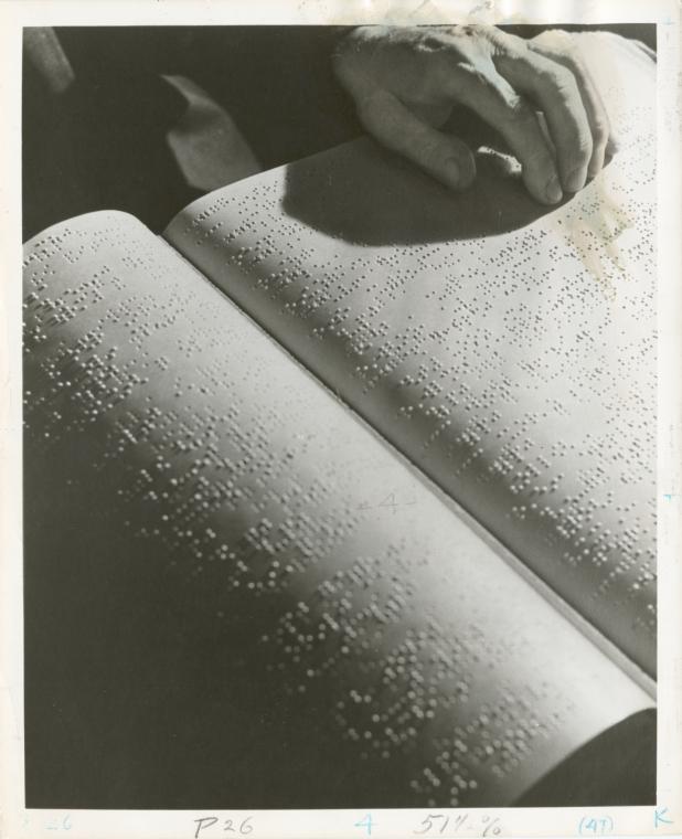 [Library for the Blind, Braille reading], Digital ID 1252832, New York Public Library