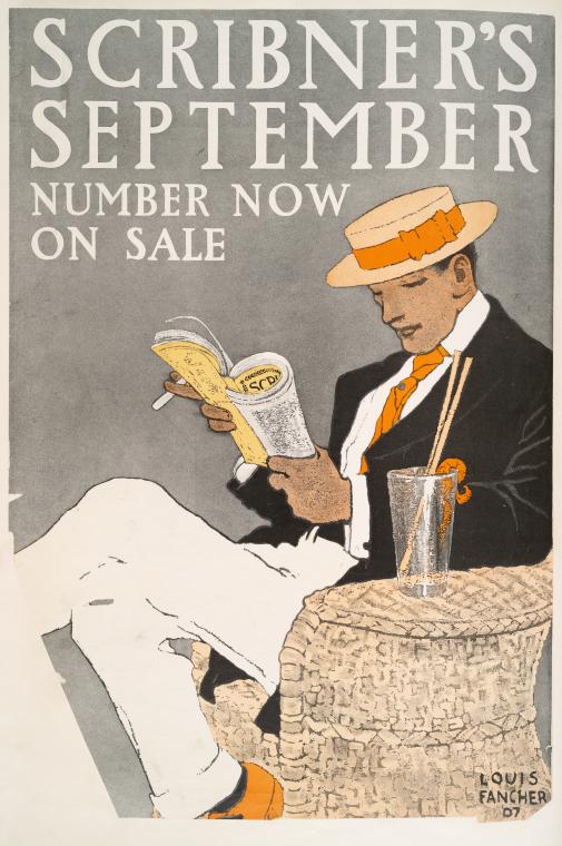 [Man wears boater hat and smokes cigarette while reading Scribner's as an empty drink sits on the arm of his wicker chair],Scribner's, Digital ID 1258963, New York Public Library