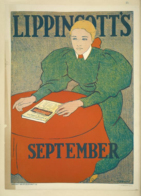 [Woman in a green dress sits at a table with a copy of Lippincott's in front of her.],Lippincott's September., Digital ID 1259028, New York Public Library