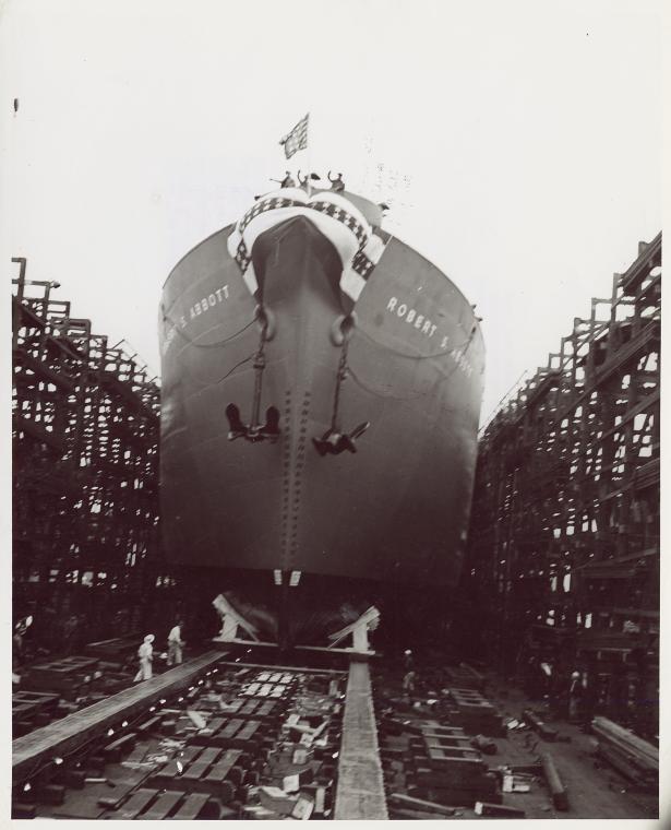 [Bow-side view of Liberty ship SS Robert S. Abbott during its launching at  Permanente Metals Corporation Shipyard No. 2, Richmond, California, April 13, 1944.],When SS Robert S. Abbott was launched in California., Digital ID 1260247, New York Public Library