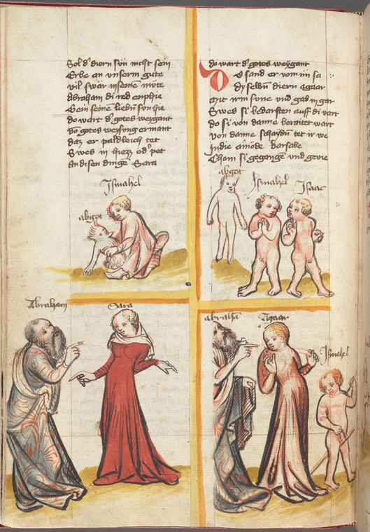 Abraham and Sara, Ishmael and Isaac, the expulsion of Hagar and Ishmael, Hagar, Ishmael and the angel in the desert, Ishmael as archer., Digital ID 1261429, New York Public Library