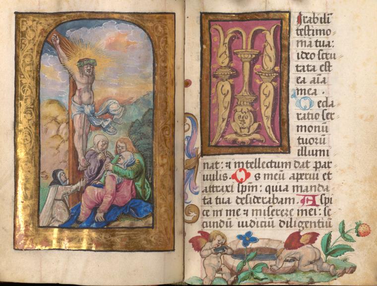 Miniature of Cucifixion with image of Dominican nun (sponsor of book); and facing text page., Digital ID 1261532, New York Public Library