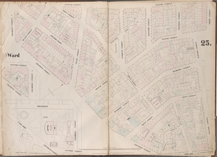  Map bounded by Chambers Street, Center Street, White Street, Orange Street, Bayard Street, Bowery, Chatham Street, Park Row, Chatham Street, Broadway., Digital ID 1270020, New York Public Library