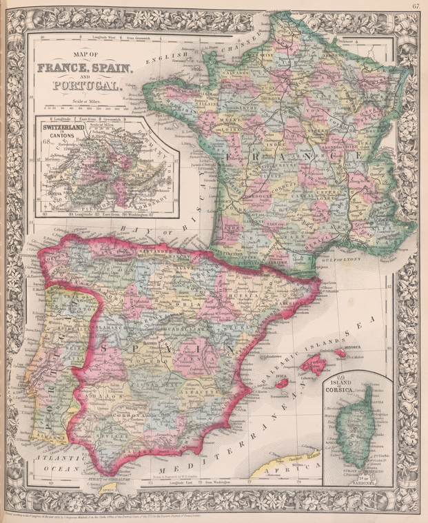 Map of France, Spain, and Portugal; Switzerland in cantons [inset]; Island of Corsica [inset]., Digital ID 1510829, New York Public Library