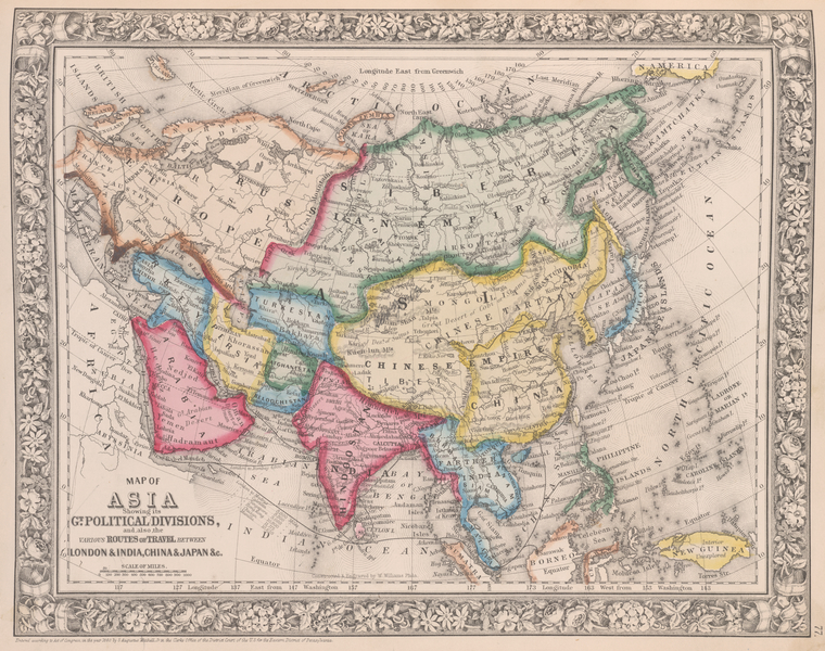 Map of Asia, showing gt. political divisions, and also the various routes of travel between London & India, China & Japan, &c., Digital ID 1510834, New York Public Library