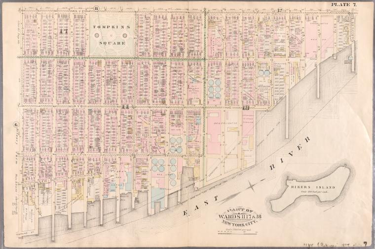  Bounded by Avenue A, E. 23rd Street, Harbor Comm. Pier Line (East River, Rikers Island), Tompkins Street, and E. 3rd Street.,Part of Wards 11, 17 & 18, New York City., Digital ID 1512151, New York Public Library