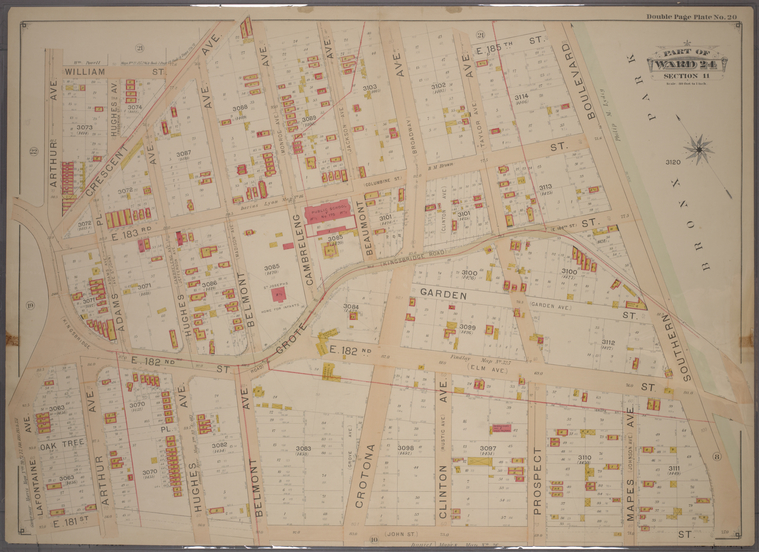 Double Page Plate No. 20, Part of Ward 24, Section 11. [Bounded by William Street, Crescent Avenue, E. 185th Street, Southern Boulevard, E. 181st Street, Lafontaine Avenue and Arthur Avenue.], Digital ID 1533073, New York Public Library