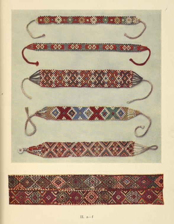a-e) Women's glass-bead necklaces from Neresnice and Jasina (c-e); f) Woven stripe for ornamenting a Kirghiz "kibitka.", Digital ID 1552215, New York Public Library