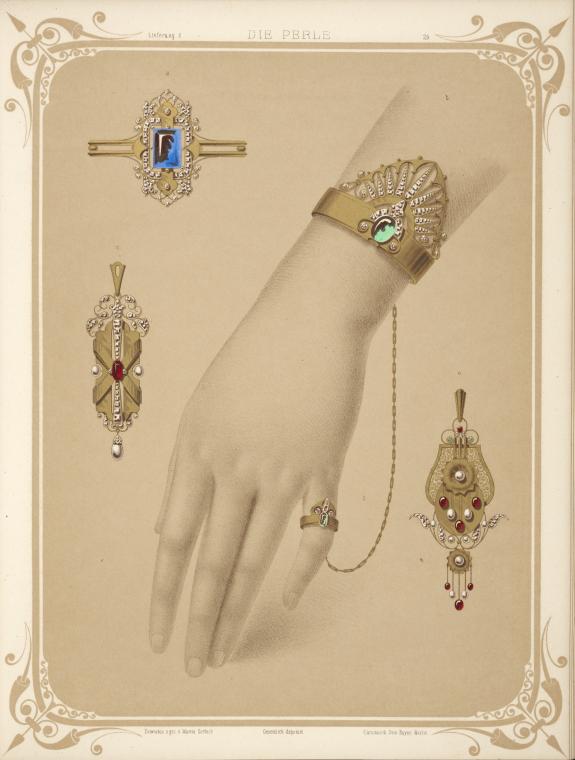 [Five designs for jewelry, including bracelet with diamonds and green stones chained to a ring.], Digital ID 1567471, New York Public Library