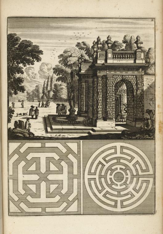 [View of large structure containing fountain; two garden plans.], Digital ID 1567901, New York Public Library