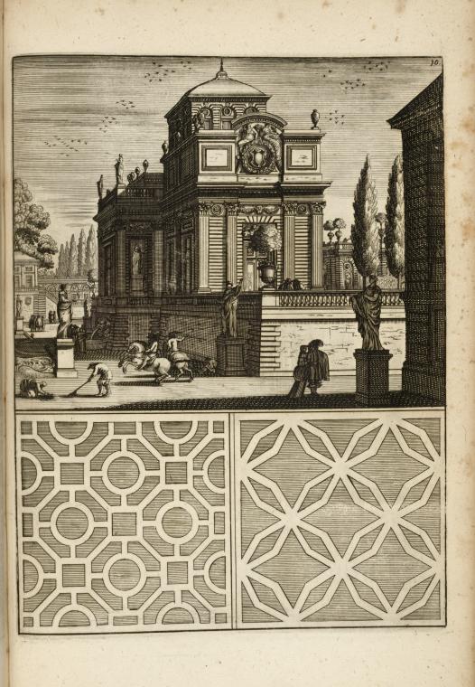[View of large architectural structure and two men on horseback; two garden plans.], Digital ID 1567909, New York Public Library
