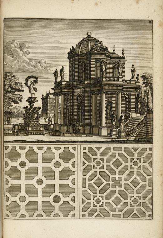 [View of large architectural structure with fountain and many statues; two garden plans.], Digital ID 1567910, New York Public Library
