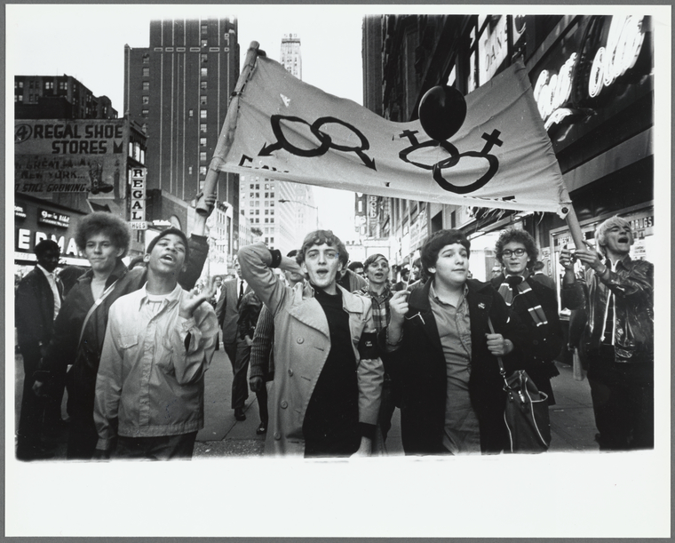 Gay Liberation Front marches on Times Square, New York City, 1969 [2]., Digital ID 1582228, New York Public Library