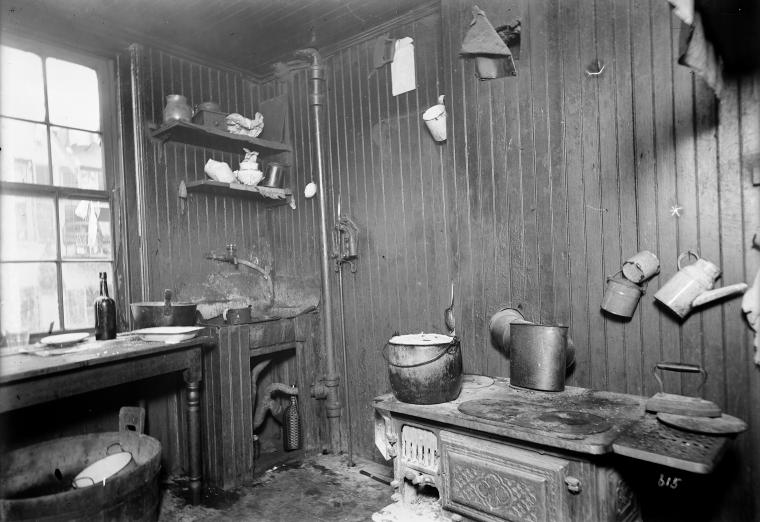 Kitchen with stove, sink and utensils., Digital ID 1583570, New York Public Library