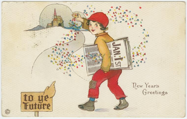 New Year's greetings.,[Newsboy throwing confetti], Digital ID 1587814, New York Public Library