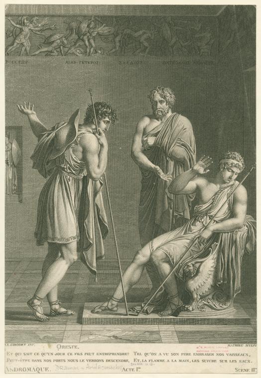 Andromaque. Acte I. Scene II.,[Orestes and Pyrrhus, illustration from Act I, Scene 2 of "Andromaque" by Jean Racine.] , Digital ID 1619890, New York Public Library