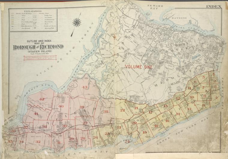 Outline & Index Map of The Borough of Richmond (Staten Island); Explanation; Note., Digital ID 1646267, New York Public Library