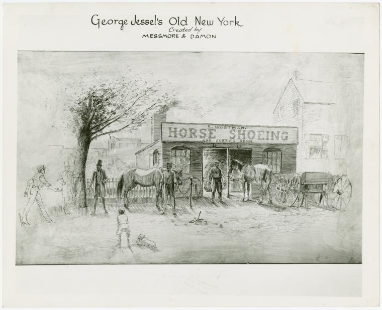 Amusements - Villages - Old New York - Sketch of horseshoeing shop, Digital ID 1653682, New York Public Library