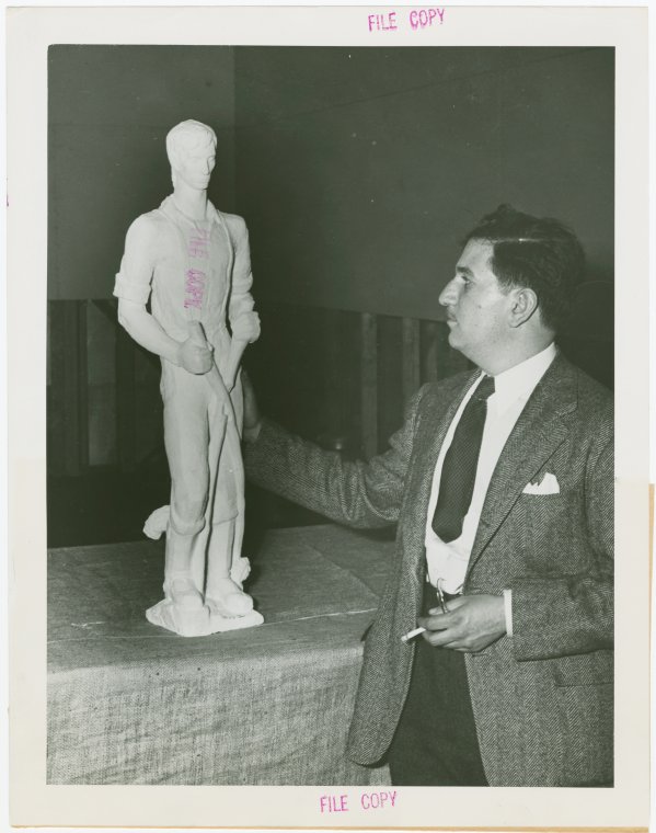 Art - Sculpture - Federal Building Competition - Louis Slobodkin with runner-up sculpture, Unity, Digital ID 1654146, New York Public Library
