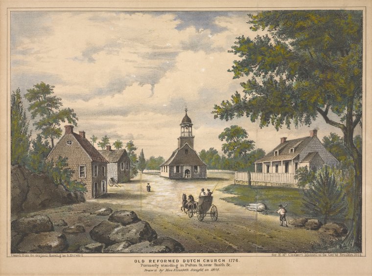 Old Reformed Dutch Church 1776. Formerly standing in Fulton St. near Smith St. / drawn by Miss Elizabeth Sleight in 1808 ; copied form the original drawing by G. Hayward ; for H. McCloskey's Manual of the City of Brooklyn 1864., Digital ID 1659378, New York Public Library