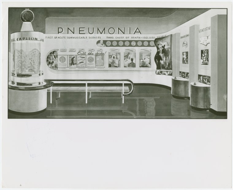 Medicine and Public Health - Sketch of exhibit on pneumonia, Digital ID 1677833, New York Public Library