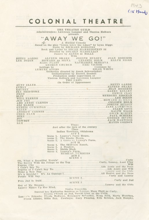 [Program (dated March 15, 1943) for Away We Go!, the pre-Broadway title of Oklahoma! at the Colonial Theatre (Boston, Mass.)], Digital ID 1818268, New York Public Library