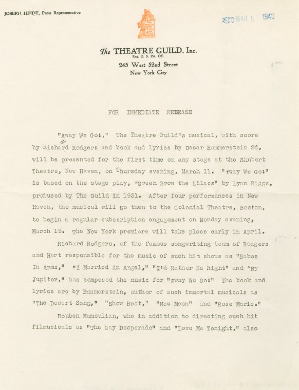 [Theatre Guild press release (March, 1943) for Away We Go!,  the pre-Broadway title of Oklahoma!], Digital ID 1818270, New York Public Library