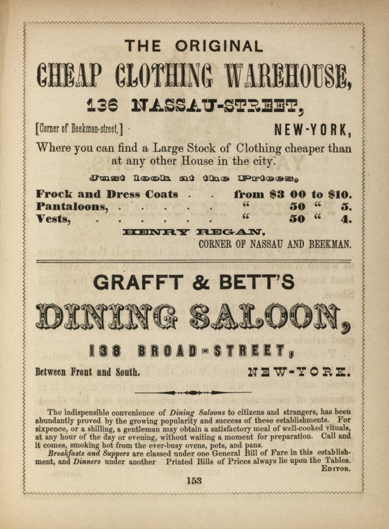 The Original Cheap Clothing Warehouse; Grafft & Bett's Dining Saloon [Ads]., Digital ID 1822717, New York Public Library