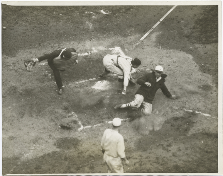 [New York Giants player safe at home plate, in a World Series game against the Washington Senators.], Digital ID 405491, New York Public Library