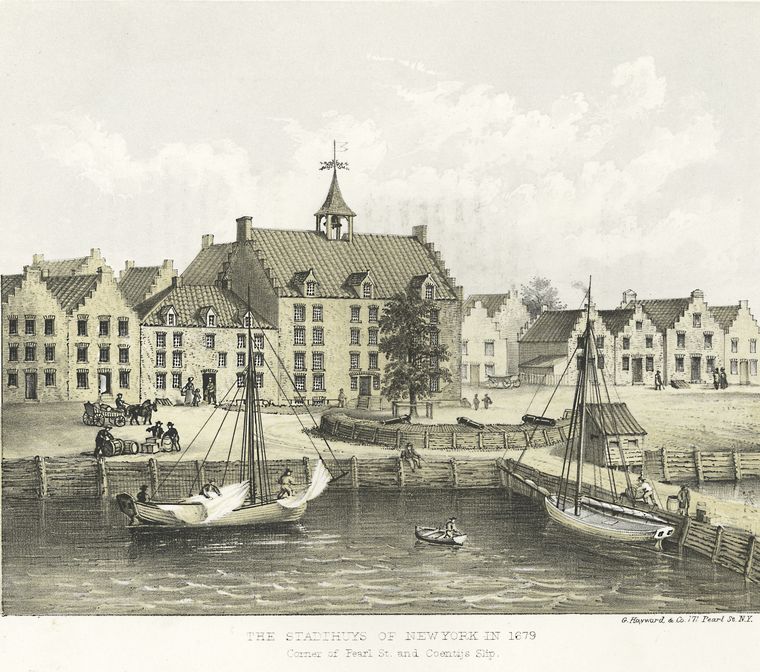 The Stadthuys of New York in 1679 corner of Peal St. and Coentijs Slip / G. Hayward, Digital ID 421949, New York Public Library