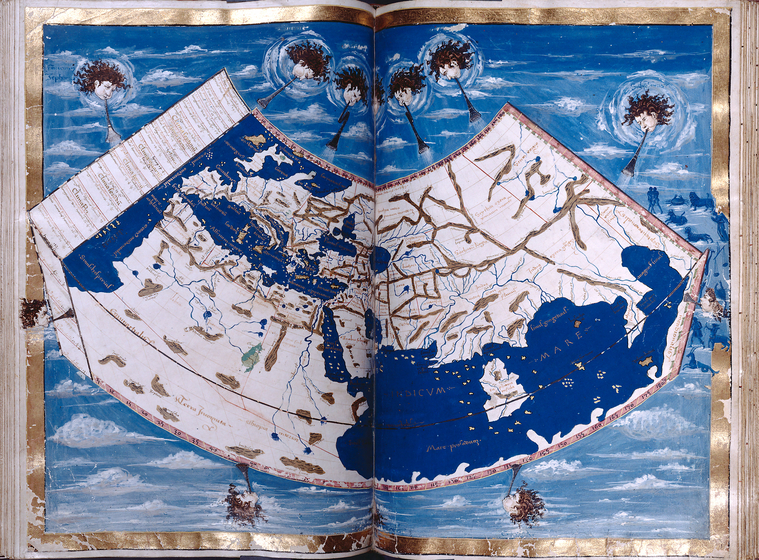 Map of Europe, Africa, the Mediterranean, and Asia.  Personifications of the winds.  Full gold border., Digital ID 427011, New York Public Library